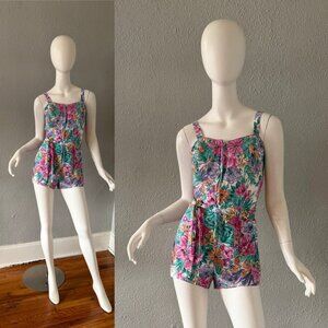 Vintage 80s doe 60s Floral Cotton Zip Front Playsuit Romper Swimsuit L